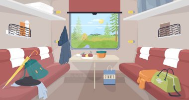 İnsan yolcularla dolu dağınık bir trenin içi çizgi film sahne vektör illüstrasyonuna ait. Koltuklu, pencereli ve kişisel turistik valizli demiryolu taşımacılığı