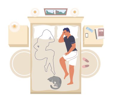 Üzgün adam, yatakta yatarken acı çekiyor. Eski eş siluet vektör çizimine bakıyor. Aile trajedisi ve boşanma kavramı