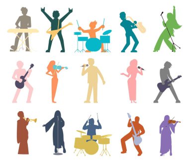 İnsanlar farklı müzik enstrümanları çalan ve mikrofon vektör illüstrasyonunda şarkı söyleyen müzik siluetlerini renklendiriyor. Sanatçı karakterler sahne sanatçıları koleksiyonu