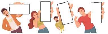 İnsanlar ellerinde akıllı telefon tutan çizgi film karakterleri boş mobil ekran reklam indirimi gösteren, uygulama öneren, yeni teknoloji veya internet iletişim vektör ilüstrasyonunu destekleyen