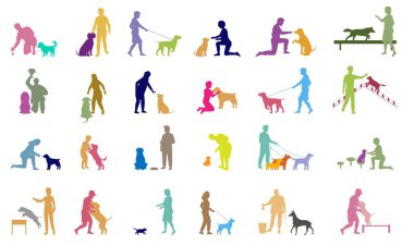 İnsanlar köpekleri renkli siluet eşliğinde gezdiriyorlar izole edilmiş vektör çizimleri yapıyorlar. Yetişkinler ve çocuklar dışarıda yavru köpek eğitiyorlar. Birlikte eğleniyorlar.