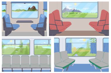 Rahat koltukları, penceresi ve düz çizgi film vektör çizimi seti olan tren içi. Metro, metro, toplu taşımacılık.
