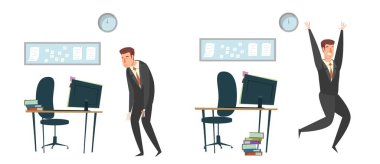 İş adamı, iş gününün başlangıcında ve sonunda farklı duygular hissediyor. Sabah yorgun bir çalışan ve işini bitirdikten sonra mutlu bir ofis çalışanı.