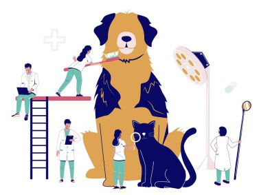 Köpeğin dişlerini diş fırçasıyla fırçalayan bir grup veteriner tedavi ve önleyici prosedür çizimi sağlıyor. Hayvan ağızlı hijyen ve sağlık konsepti