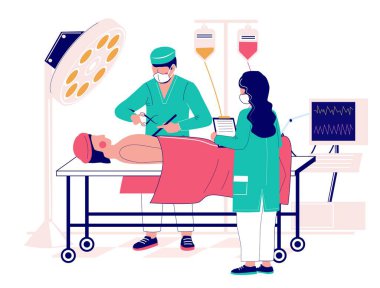 Doktor ve hemşire ekibi modern tıbbi malzeme vektör illüstrasyonunu kullanarak hastaya ameliyat yapıyor. Acil yardım ve tıp konsepti