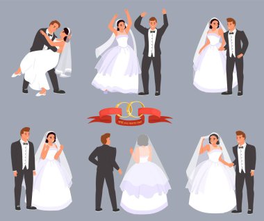 Gelin ve damat farklı pozlarda romantik bir çift. Yeni evlilerin nikah eşleri flört ediyor, kucaklıyor, dans ediyor, evlilik töreninde poz veriyor.