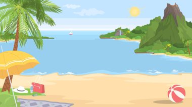 Tropikal cennet karikatür çiziminin güneşli kumsal manzarası. Yaz seyahati ve tatil kavramı