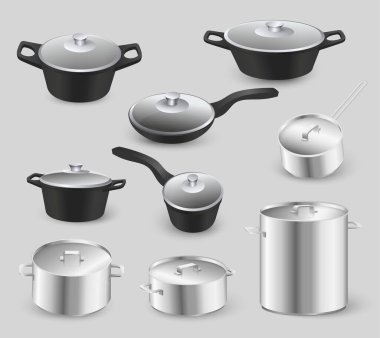 Ev yemekleri ve mutfak eşyaları gerçekçi vektör çizimleri. Aşçılık koleksiyonu için mutfak gereçleri ve yemek takımı