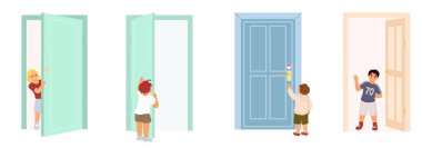 Sevimli küçük çocuk çizgi film karakterleri kapıyı çalıyor, açıyor, kapıları gözetliyor, odanın içine ya da dışına bakıyor, izole edilmiş vektör çizimleri yapıyor.
