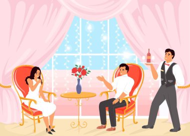 A couple sits comfortably in elegant chairs, engaged in conversation, while a waiter presents a bottle of wine. The room is adorned with soft drapery and floral decor.