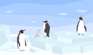 Karlı bir arazide dört penguen buz üzerinde duruyor. Güneş parlıyor, gölgeler düşüyor. Küçük bir penguen büyük penguenlerin arasına yerleşir ve büyüleyici bir aile ortamı yaratır..