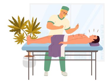 Bir pratisyen, sakin bir klinikte tedavi masasında yatan bir hastaya akupunktur yapar. Bitkiler arka planı süsler, sakin atmosferi güçlendirir.
