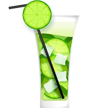 Mojito kokteyl vektörü. Naneli buzlu içecek illüstrasyonu. Limonlu ve saman süslemeli, izole edilmiş yaz alkollü içecek. Beyaz arkaplanda mohito limonata