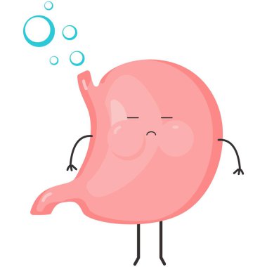 Mide şişirme vektörü. Karın ağrısı ikonu. Üzücü bir çizgi film. İnsan iç sindirim organı karakteri beyaz arka planda izole edilmiş acı ve gaz hisseder.