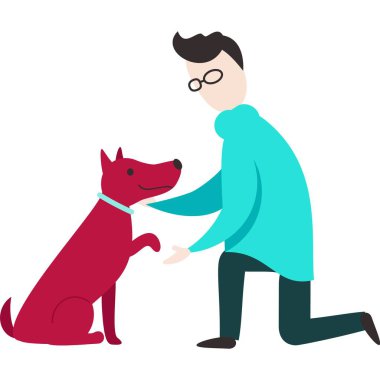 Köpek vektörü olan bir adam. Hayvan sever ikonu. Köpek sahibi beyaz arkaplanda izole edilmiş