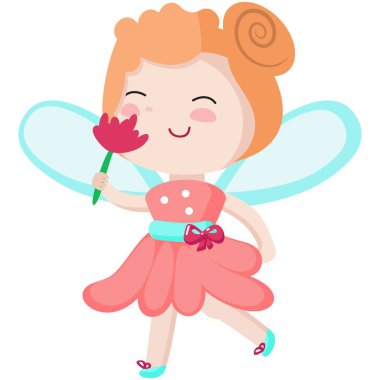 Şirin peri vektör çizimi. Çizgi filmdeki kanatlı büyücü kız karakteri. Kostümlü peri masalı prensesi elinde tutuyor ve çiçekleri kokluyor. Beyaz arka planda izole edilmiş küçük orman perisi.