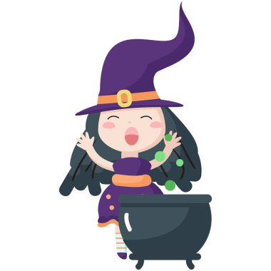 Cadı zehirli cadılar bayramı karikatür vektörü pişiriyor. Sihirli iksiri olan bir kazan ve beyaz arka planda izole edilmiş kaynayan tencerenin önündeki büyüyü anlatan şapkalı ve kostümlü güzel büyücü kız büyücü.