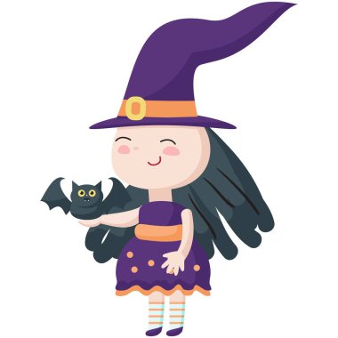 Yarasa vektör karikatür ikonu olan sevimli cadı. Şapkalı izole kız sihirbaz elinde uçan tilkiyle beyaz arka planda.