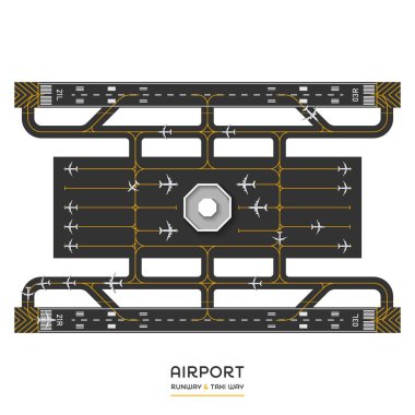 Havaalanı pisti ve taksi manzarası uçak ve vektör illüstrasyonuyla dolu.