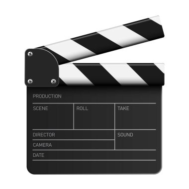 Sinema alkışları, siyah-beyaz film beyaz arka planda izole edilmiş bir tırmanış tahtası. Sinematografi ve film yapma ekipmanları. Film alkışlaması tasarım ögesi, vektör illüstrasyonu