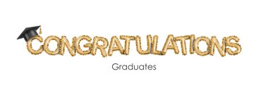 Tebrikler mezunlar altın şişirilebilir balonlardan, lüks gerçekçi balonlardan yapılmış tabirler. Beyaz arkaplanda izole edilmiş 3 boyutlu altın renkli helyum balonları, vektör illüstrasyonu