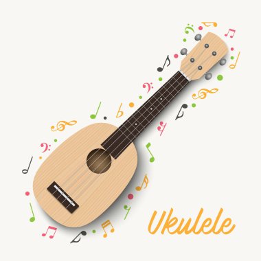 Yazın yazlık harflerle yazılmış ukulele karikatürü, müzik afişi tasarımı. Notalı dört telli gitarlı küçük gitar, vektör illüstrasyonu