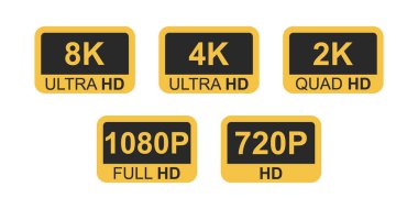4K, 8K Ultra HD, 2K Quad HD, 1080 Full HD, 720P HD çözünürlük simgesi beyaz arkaplan, vektör illüstrasyonu