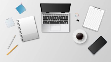 Üst düzey çalışma alanı. İç işleriyle bilgisayar, masa, kahve fincanı, dokümanlar, akıllı telefon ve defterlerle birlikte çalışıyor. vektör illüstrasyonu
