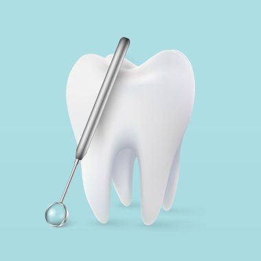 Diş beyazı, 3 boyutlu diş çizimi, sağlıklı parlayan diş. Beyaz dişli, beyaz dişli kalkanın etrafını sarın. Diş bakımı, koruma ve beyazlatma. Vektör illüstrasyonu