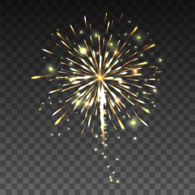 Gökyüzünde şeffaf arka planda havai fişekler, tatil tasarımı için Noel arkaplanı, vektör illüstrasyonu