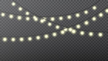 Gerçekçi retro ampul. Dekoratif klasik tasarım Edison ampulü. Işıldayan Noel çelengi. Yılbaşı partisi lambaları süsledi. vektör illüstrasyonu