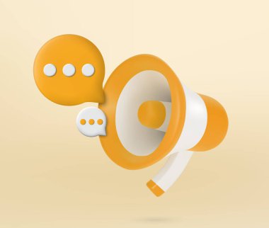 Sarı zemin üzerinde konuşma baloncuğu simgesi olan 3 boyutlu megafon. Pazarlama zamanı konsepti. Hoparlörle çevrimiçi haberler. Sosyal medya tanıtımı. vektör illüstrasyonu