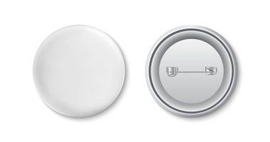 Beyaz düğmeli rozet modeli. Tasarımınız için kullanıma hazır ve basit. Beyaz arkaplan vektör illüstrasyonunda izole