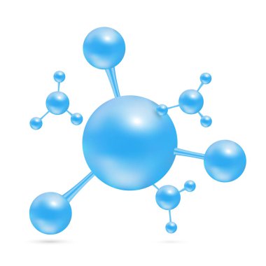 Atom molekülleri mavi parlak. Beyaz arkaplanda 3D simgesi izole edildi. Mineraller vitamin kompleksi. Tıp ve bilim konsepti. Vektör EPS10 illüstrasyonu
