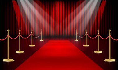 Altın bariyerli kırmızı halı yolu, ünlüler etkinliği, aydınlatma kompozisyon kırmızı halı olay ya da yıldızlar için ödül töreni, vektör illüstrasyon