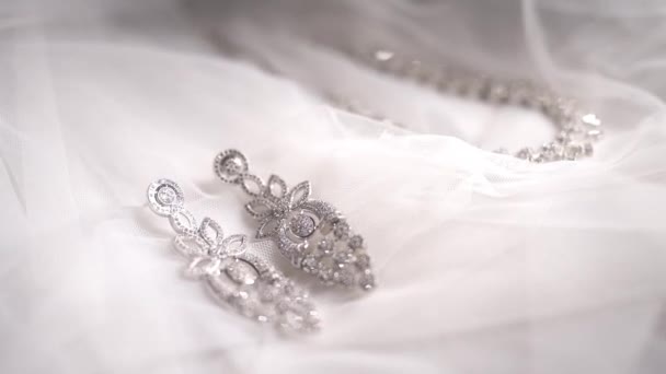 新娘耳环和项链系列是婚礼魅力和精致的缩影 它提供了一系列迷人的精美珠宝 将新娘的魅力提升到新的高度 — 图库视频影像