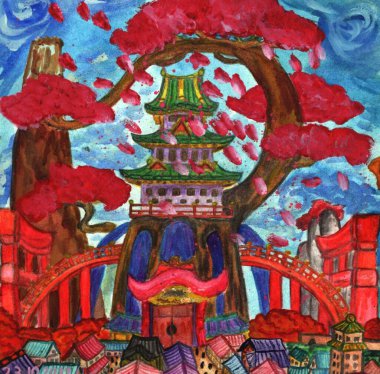 Kırmızı, renkli, suluboya, resimli arka plandaki eski ev.