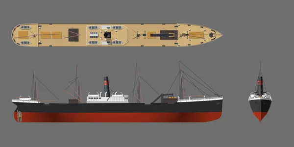 Desenho Vapor Steamship Plano Industrial Vista Velha Navio Parte Superior —  Vetores de Stock