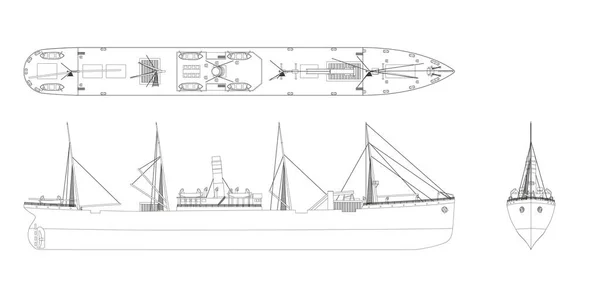概略的蒸汽船图纸 航向蒸汽船工业蓝图 旧船视图 侧面和前面 孤立的汽船 工业车辆 矢量说明 — 图库矢量图片#