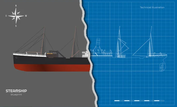 スチーマーアウトライン描画 3D蒸気船産業の青写真 コンタクト船のビューの上部 側とフロント 蒸気船の書類だ 産業用車両 ベクターイラスト — ストックベクタ
