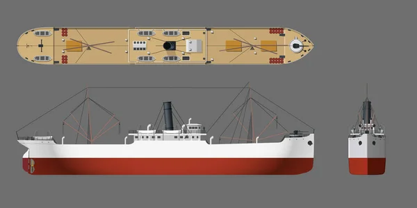 スチーマー ドローイング 3D蒸気船産業の青写真 船のビューの上部 側と前 孤立した蒸気船 貨物水輸送 ベクターイラスト — ストックベクタ