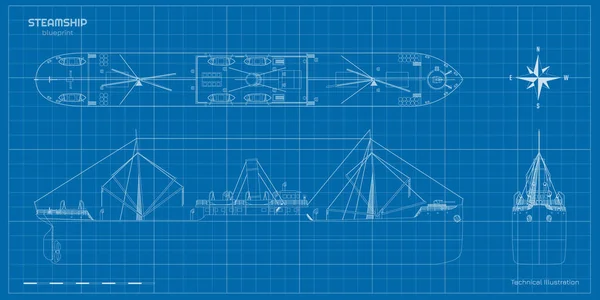 Obrys Výkresu Parníku Průmyslový Plán Obrysových Parníků Stará Loď Pohled — Stockový vektor