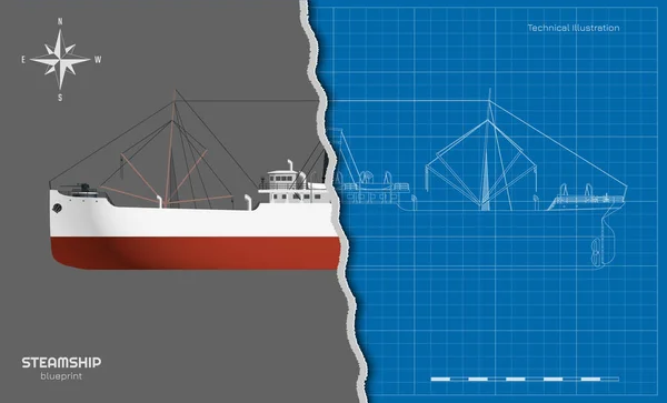 Ångbåtsritning Ångbåtsindustriell Ritning Fartygets Överdel Sida Och Front Isolerad Ångbåt — Stock vektor