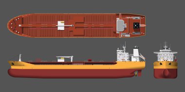 Tanker çizimi. 3D kargo gemisi sanayi planı. Petrol teknesi manzaralı, ön ve yan. İzole edilmiş araç. Ticari su taşımacılığı. Vektör illüstrasyonu