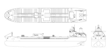 Tanker çizimi. Kargo gemisinin endüstriyel planlarını inceleyin. Petrol teknesi manzaralı, ön ve yan. İzole edilmiş araç. Ticari su taşımacılığı. Vektör illüstrasyonu