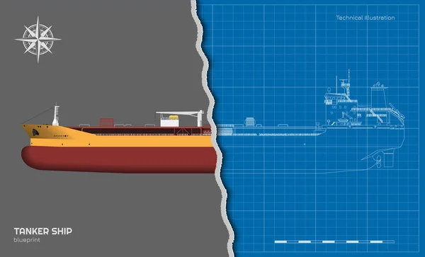 Tekening Van Tanker Vrachtschip Industriële Blauwdruk Petroleum Boot Uitzicht Top — Stockvector