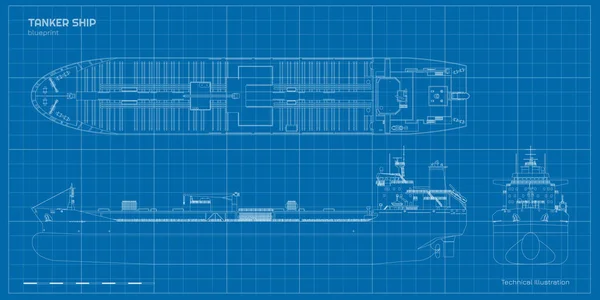 坦克人的草图航向货轮工业蓝图 石油船俯瞰着顶部 侧面和前方 车辆证件 商业水上运输 矢量说明 — 图库矢量图片#