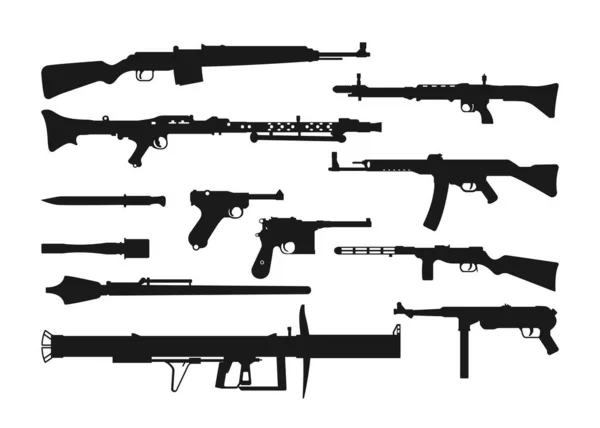 World War Weapon Silhouettes Isolated Ww2 Germany Gun Black Template — Vector de stock