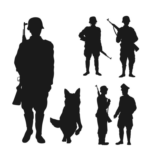 WW2 soldier black silhouette. Germanic officer and warriors with riffle. Isolated prison guard and dog. 1940s infantry person. World War 2 scene. Vector illustration