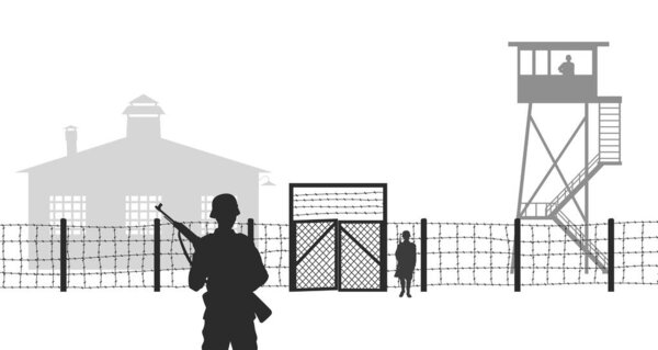 POW camp black silhouette. German war prison background. WW2 military isolated landscape.Germanic soldiers portraits. Watchtower and guards scene. Vector illustration